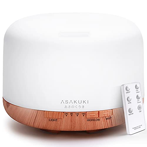 ASAKUKI Difusor de aceite esencial de alta calidad de 16.9 fl oz con control remoto, vaporizador humidificador ultrasónico de aceite aromático 5 en 1, temporizador e interruptor de seguridad