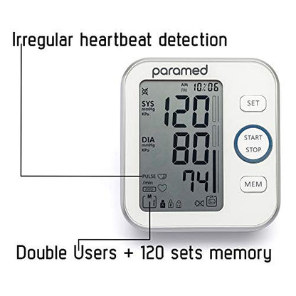 Paramed Monitor de presión arterial - Máquina Bp - Brazalete automático de presión arterial superior del brazo 8.7-16.5 pulgadas - Pantalla LCD grande 120 juegos de memoria - Bolsa de dispositivo y